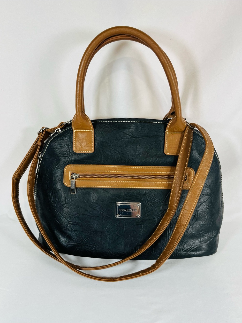 Stone & Co. Black and Tan Dome Satchel with Crossbody Strap